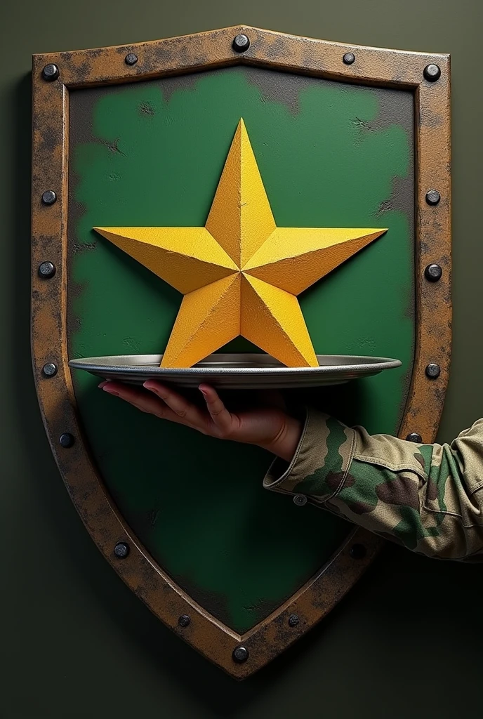 Shield with a hand in Brazilian army camouflage clothing holding an open waiter's tray with an army star floating on it.