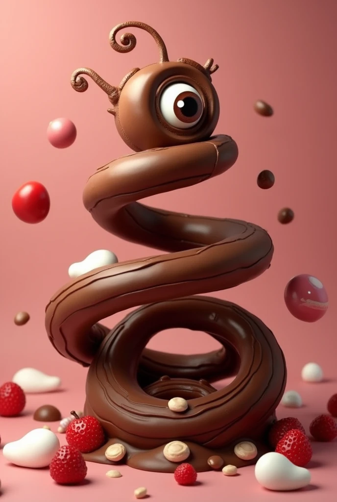 Chocolate in spiral shape for children. funny brown chocolate, white and red fruits