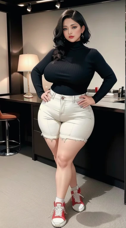 ((best quality)), ((masterpiece)), (detailed), perfect face, Beautiful, mother-in-law, asian-Indonesian , voluptuous, wearing random clothes (formal), In the black room, seductive expression, chubby body, nice body, milf chubby, chinese-Indonesian. Full body, big arm, wide hips , wearing a sneakers, bob hairstyle, , chubby cheeks, 3, chubby tall woman, tattooed thighs , yakuza tattoos , big thighs, big armpits , chubby massive cheeks , thick neck, cold atmosphere, low light, wavy short haired, big breasts, showing her armpits , thick woman , turtleneck, thick woman . Full body, wearing shorts pants