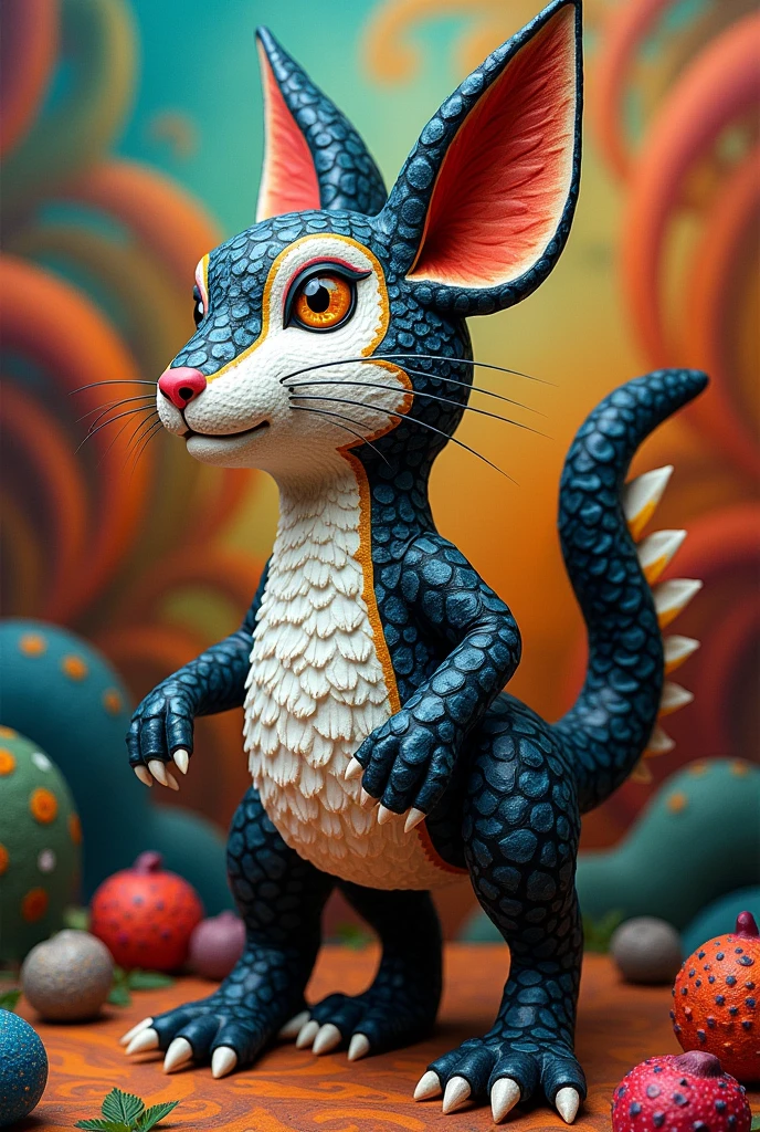 Make me an alebrije made up of a rabbit, cat, panda and dragon 
