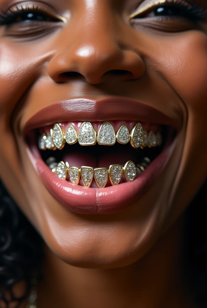 A BLACK WOMAN'S MOUTH WITH AN OPEN SMILE AND ON HER TEETH ARRANGED WITH GRILLZ THE WORD WRITTEN "LAB DELAXX"
