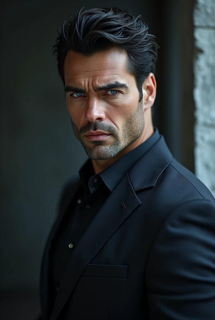A tall 3 man dressed in a suit, Wide back, muscular, Serious and sexy profiled face with a penetrating look, blue eyes, black hair.