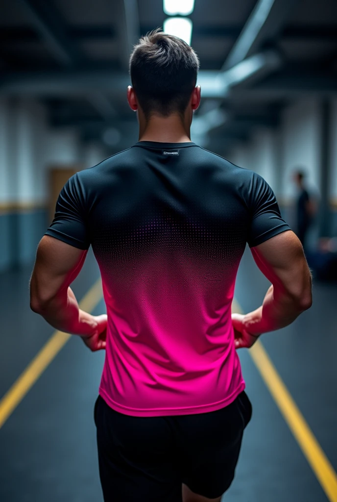 I want a running shirt that starts with pink from the bottom and pixelates upwards until it ends in black.