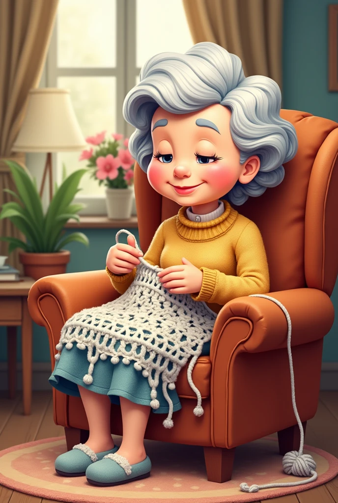 Grandma in cartoon form sitting in the armchair crocheting and crochet lines on top of her leg