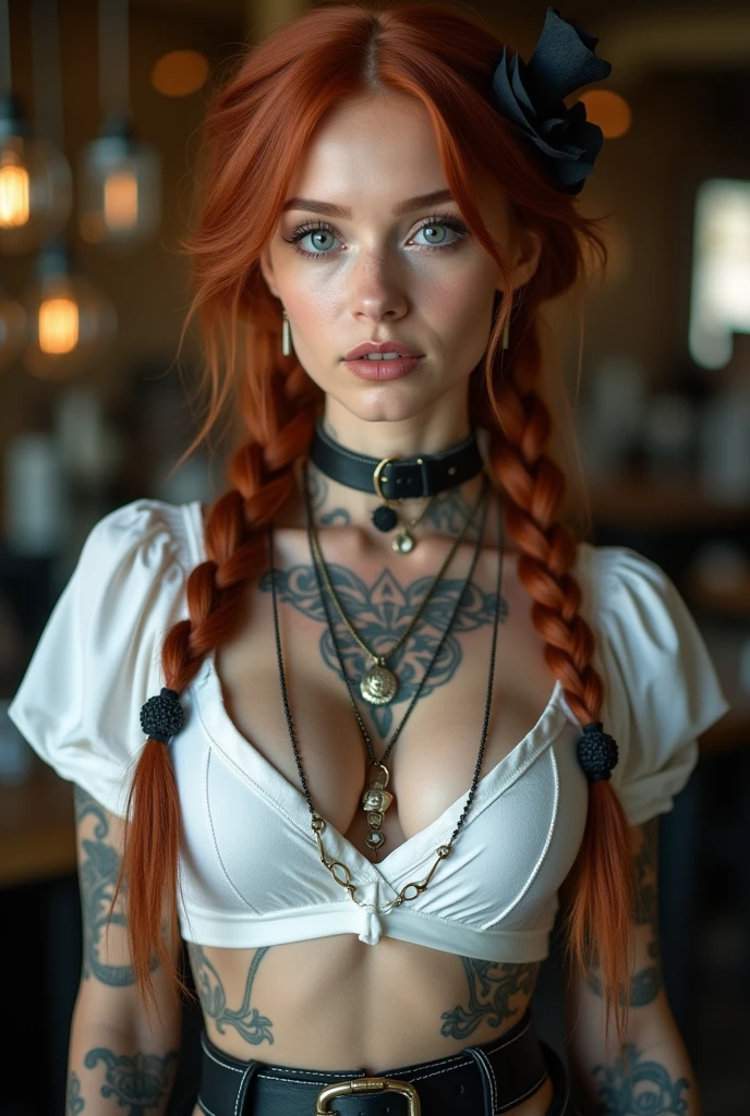 an steampunk girl at a , (white crop top:1.2), small breast, black and blue leather, tattoo, hyper detailed, ultra sharp, long auburn hair in braids, 8k, (insanely detailed:1.5), full body photograph, 20 megapixel, canon eos r3, detailed skin, pale skin
