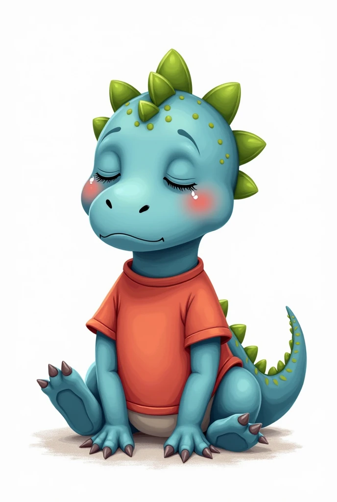 An illustration for children of a dinosaur, with the appearance of an , Sad face crying, with tears in the eyes, without eyelashes, with a red shirt, without pants, Blue skin, green dinosaur crests on the head and tail, full body, with a tender appearance, white background