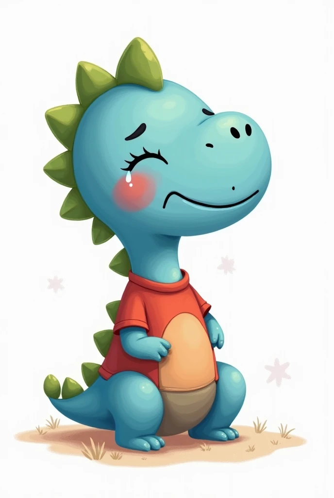 An illustration for children of a dinosaur, with the appearance of an , Sad face crying, with tears in the eyes, without eyelashes, with a red shirt, without pants, Blue skin, green dinosaur crests on the head and tail, full body, with a tender appearance, white background