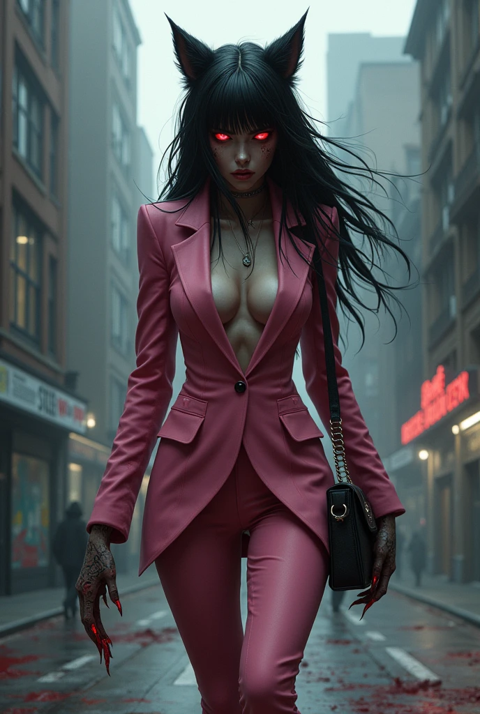 full body creative angle dynamic view of A half-female, half-wolf with long black hair bang, prowls the streets of a dystopian city. Her fur is matted with blood and his eyes glow with a red light. She wears a pink suit carry a luxury bag and show claws, She is a werewolf girl, she is hunted by the vampires, but she is also a rebel and a fighter. The scene is dark and gritty, as if it was from a video game.