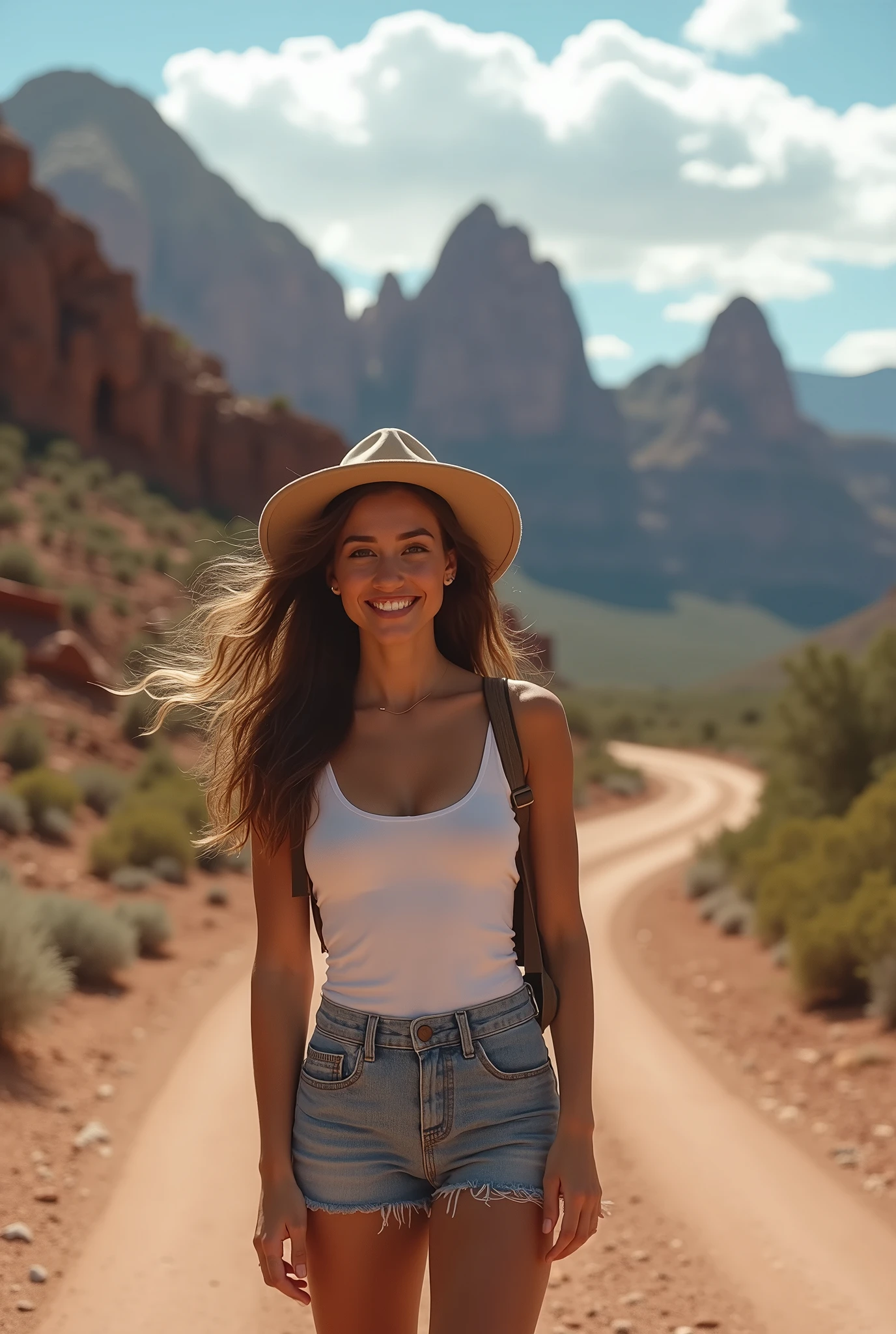 esprit, analogique, Nikon Z 85mm, photo glamour primée,((meilleure qualité)), ((chef-d'œuvre)), ((réaListe)), Escapade, yeux perçants, Arizona, Très heureux, cheveux bruns ondulés, Photographie de paysages naturels, no blurry, no vague; (1femme:1.3, Seul), (tir de cow-boy:1.3), (Débardeur blanc, Jean court, Botte de randonnée), Randonnée sur une route de montagne, Route cahoteuse, rochers), (Le visage brille:0.8), (Souriant:0.8), (soi-même, Prendre des photos avec un objectif grand angle), (Vues spectaculaires sur les montagnes en été, et le merveilleux contraste du ciel bleu et des nuages blancs), (la plus haute qualité, hyperréaListe:1.3, Super serré, représentation très détaillée, meilleure qualité d'image, représentation très détaillée)