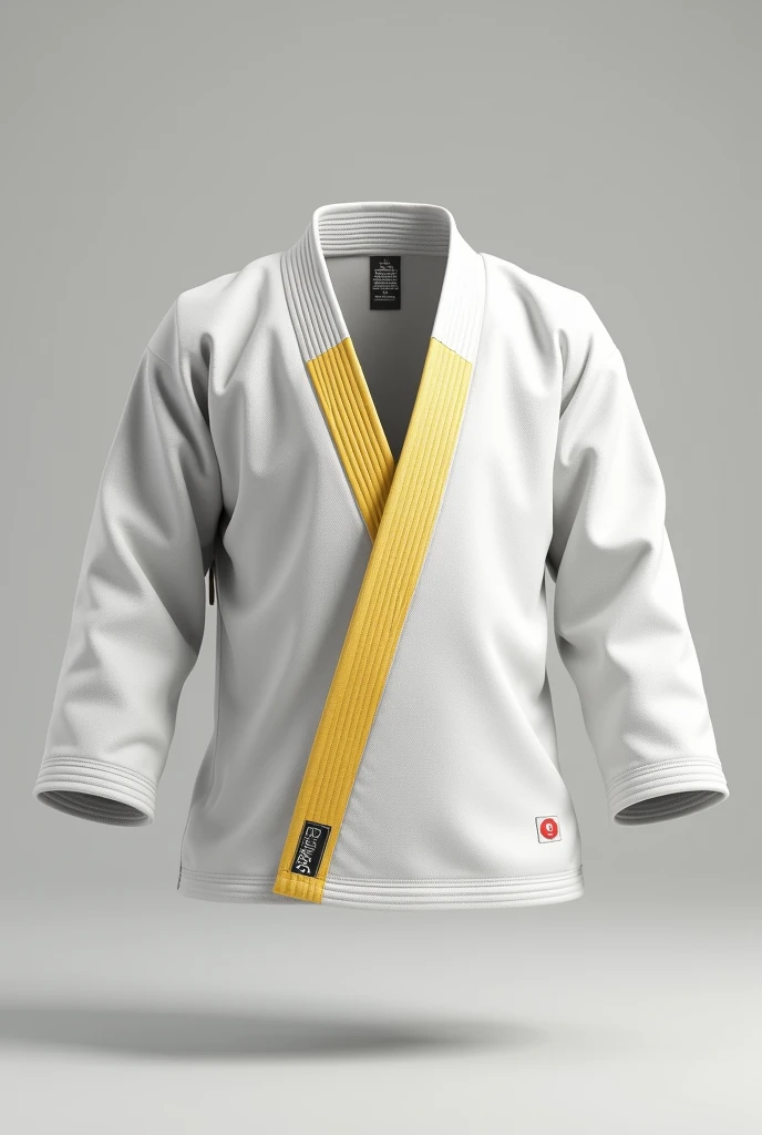 A realistic image of a jiu-jitsu kimono . The stripe must be yellow with a white detail horizontally.