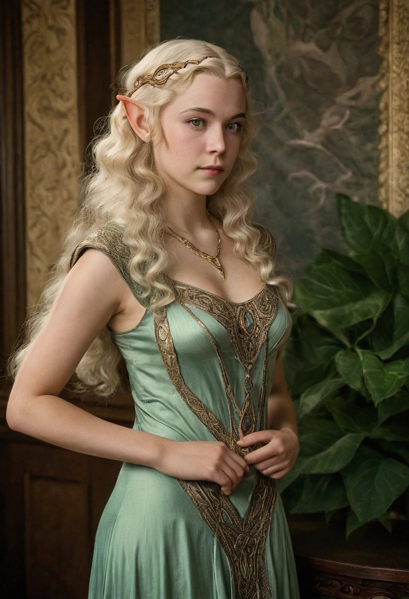 1920s analog film photograph, colorized photo of an elven maiden, 18-years-old, amazonian stature, thick-fit hourglass figure, busty bosom, toned, athletic, wearing a sleeveless dress, warm almond complexion, pointy elf ears, platinum blonde hair, wild voluminous curls, resembles Margaery Tyrell, standing in a manor drawing room, RAW Photograph, dslr, soft lighting, high quality, film grain, Fujifilm XT3, detailed skin with visible pores, insane details, masterpiece, 8k, 35mm photograph, faded film, desaturated, grainy, vintage, Lomography, stained, highly detailed, found footage, long elven ears
