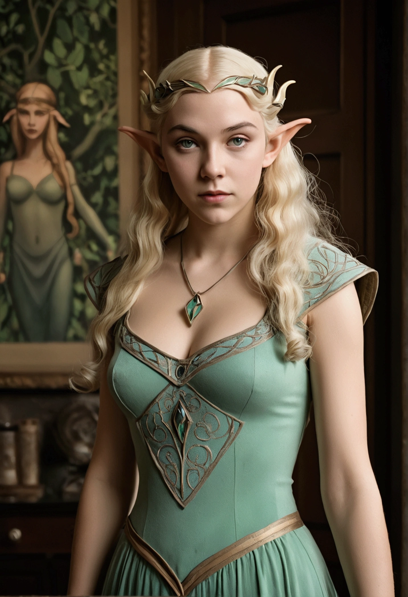 1920s analog film photograph, colorized photo of an elven maiden, 18-years-old, amazonian stature, thick-fit hourglass figure, busty bosom, toned, athletic, wearing a sleeveless dress, warm almond complexion, pointy elf ears, platinum blonde hair, wild voluminous curls, resembles Margaery Tyrell, standing in a manor drawing room, RAW Photograph, dslr, soft lighting, high quality, film grain, Fujifilm XT3, detailed skin with visible pores, insane details, masterpiece, 8k, 35mm photograph, faded film, desaturated, grainy, vintage, Lomography, stained, highly detailed, found footage, long elven ears