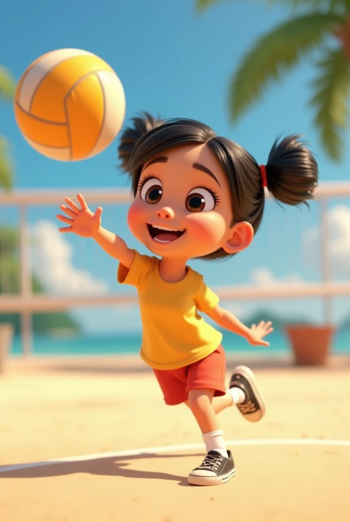 Pixar style animated girl playing volleyball without background light skin wearing shorts and t-shirt

