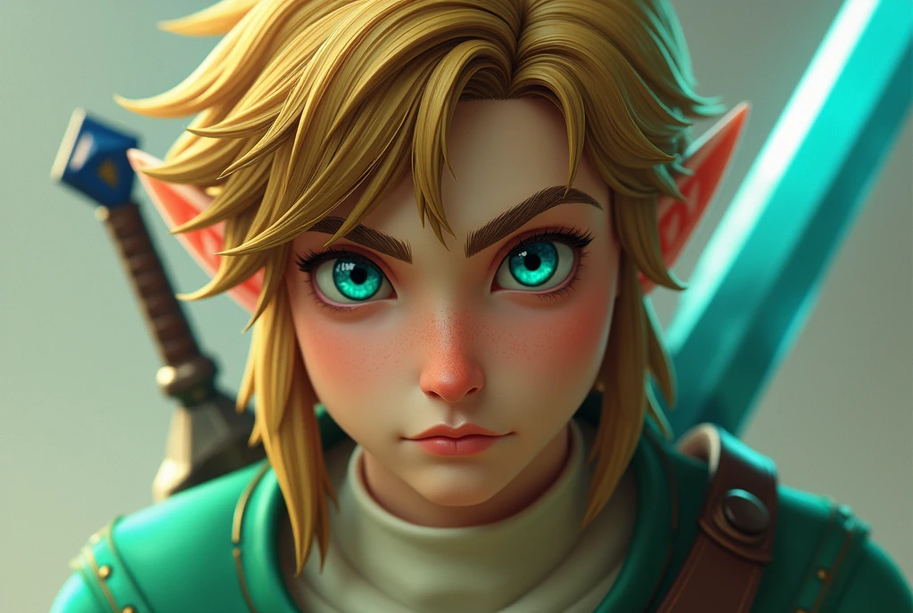 Depicting Link from The Legend of Zelda holding a blue sword、Very detailed, Live Action、Ultra-realistic digital portrait of Link from The Legend of Zelda, Very detailed顔の特徴, Piercing blue eyes, Sharp jawline, disheveled golden hair, Confident expression, Green themed elven clothing