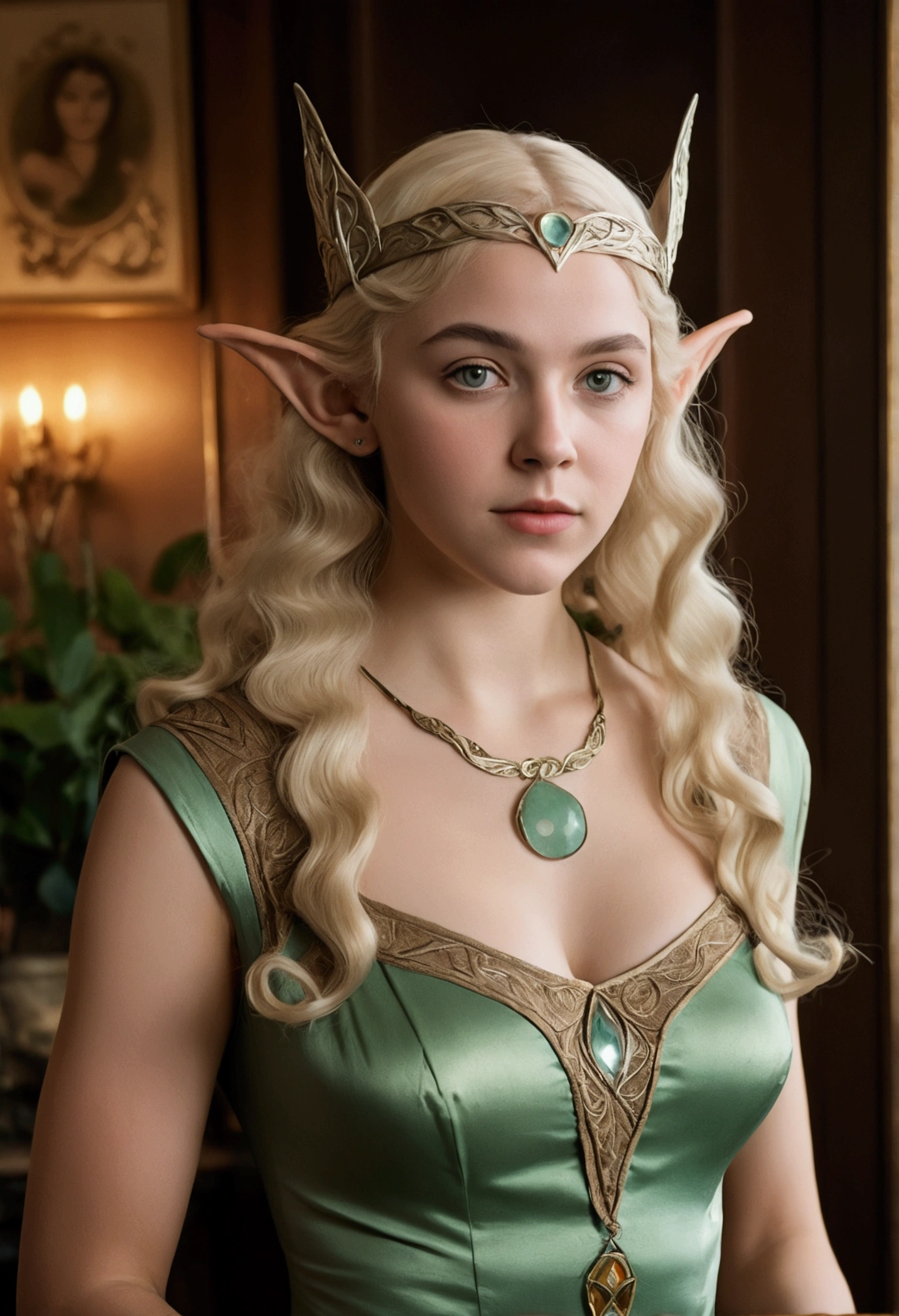 1920s analog film photograph, colorized photo of an elven maiden, 18-years-old, amazonian stature, thick-fit hourglass figure, busty bosom, toned, athletic, wearing a sleeveless dress, warm almond complexion, pointy elf ears, platinum blonde hair, wild voluminous curls, resembles Margaery Tyrell, standing in a manor drawing room, RAW Photograph, dslr, soft lighting, high quality, film grain, Fujifilm XT3, detailed skin with visible pores, insane details, masterpiece, 8k, 35mm photograph, faded film, desaturated, grainy, vintage, Lomography, stained, highly detailed, found footage, long elven ears