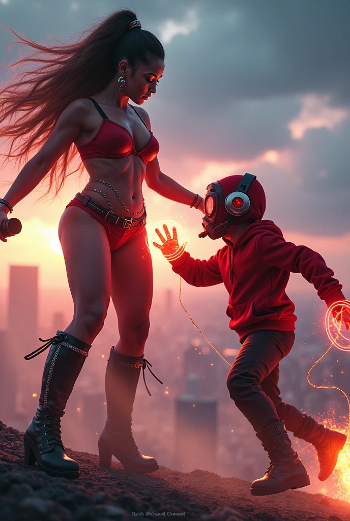 Zendaya, realistic, big breasts, microphone, full body & Youg boy with red hoodie, headphones, Star-lord helmet, rocket boots, gas helmet, covered mouth, round red, eyes, front cover, Kid Star-lord with red hoodie, headphones, star-lord helmet, gas helmet, covered mouth, round red eyes, Red eyes, magic rings in the hands and rocket boots, Fighting, power, fiction, 2 persons, magic lasso, hight, fall, DJ, view of the city from above, flying in the sky, capa roja, fuego debajo de los zapatos.