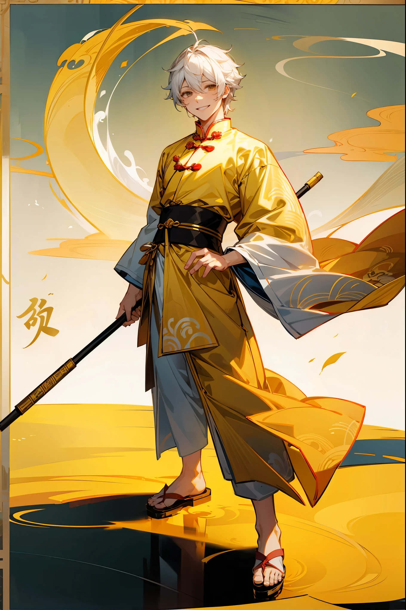 1male, Adult, Golden Colored Eyes, White Hair, Sandals, Smile, Chinese Outfit, Standing On Pond, Staff, Chinese Calligraphy