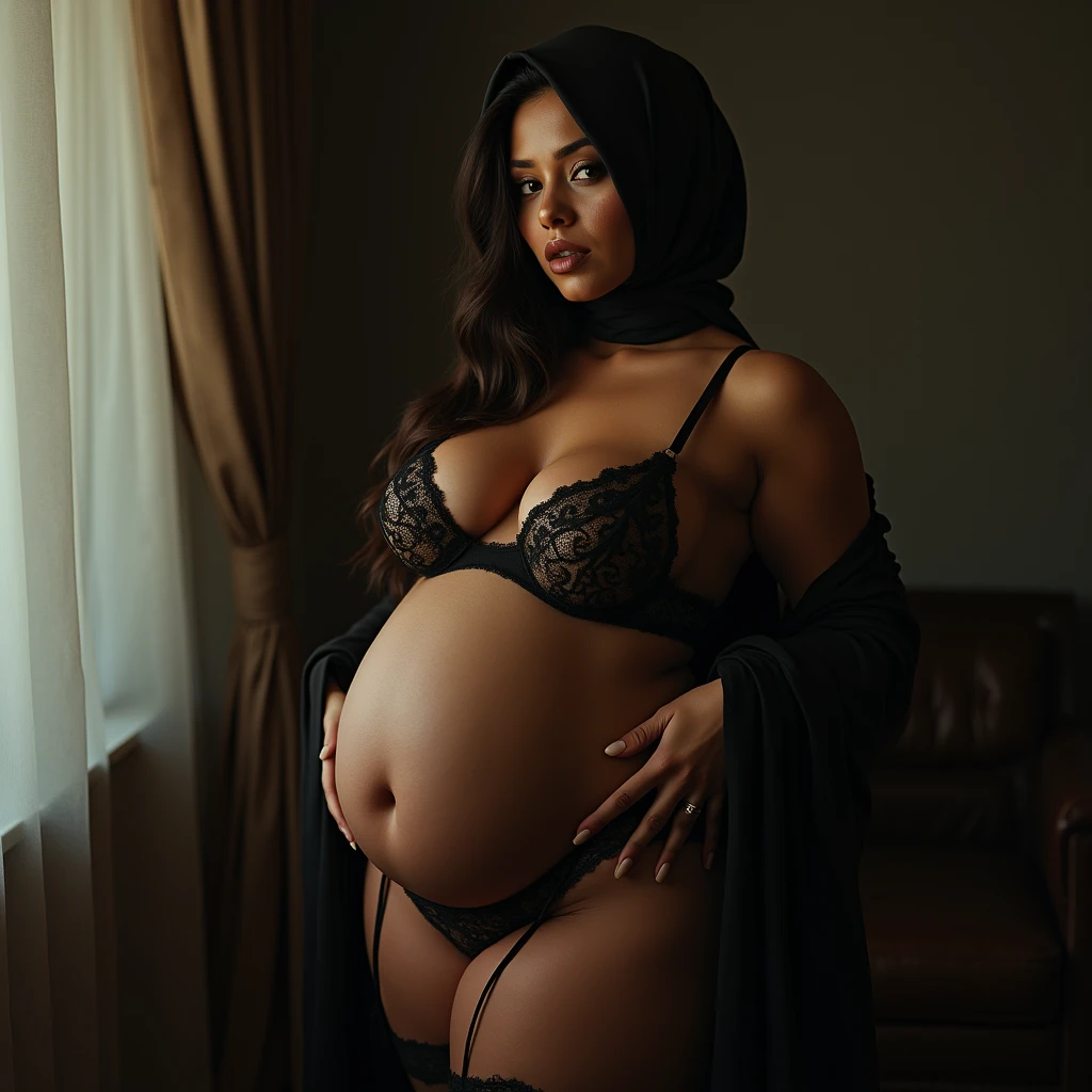 Indonesian woman with big breasts in hijab wearing full body lingerie dress 