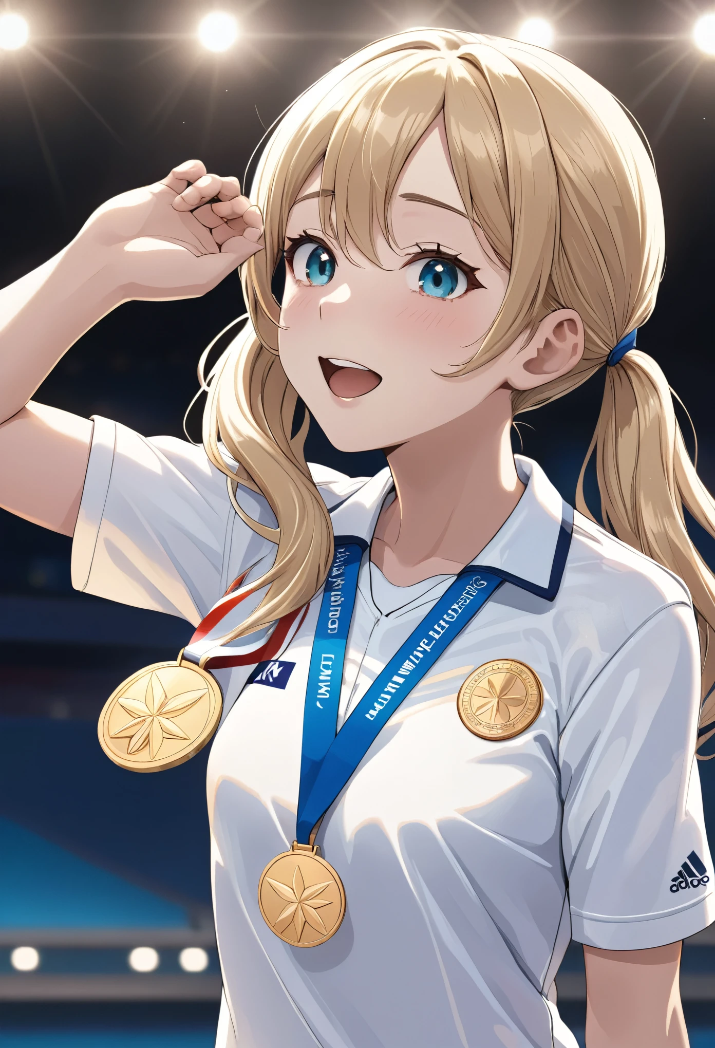 Light blue long hair、Beautiful girl with twin tails、Full body pose、a woman being awarded a gold medal at the paris olympics, highly detailed Realistic 3d cg rendering of the award ceremony, close-up of an athlete receiving the medal, A face expressing joy and pride, Dramatic studio lighting, intricate details of the medal and athlete's uniform, Vibrant colors, photoRealistic, masterpiece quality, (Highest quality, 8k, High resolution, masterpiece:1.2), Very detailed, Realistic, photo-Realistic:1.37, Dramatic lighting, emotional expression, Dynamic pose, gold medal, Olympic Medal Ceremony, athlete, Sports, competition, victory, celebration,