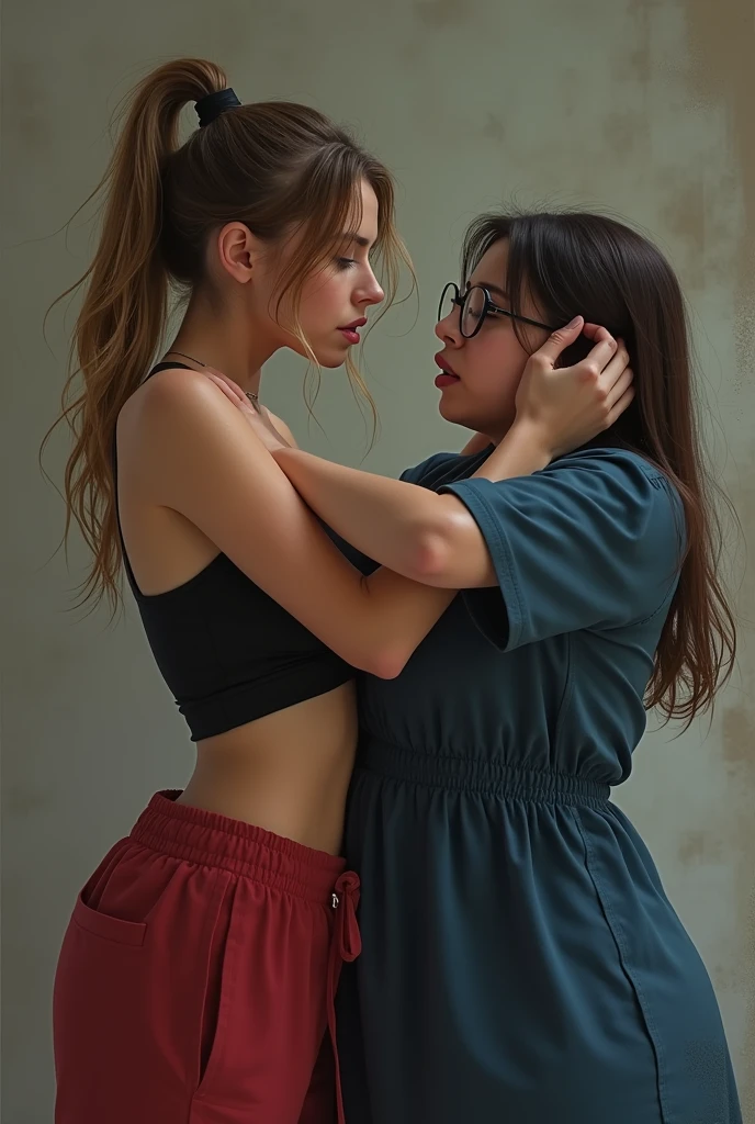 Create a photo of a 30 year old young woman, with long light brown hair tied in a ponytail with a lock of hair over her face, slender and beautiful body, wearing red sweatpants and an open black shirt without a bra with bare breasts, with white and clear skin, is facing the camera fighting with a dark-skinned black teenager, obese, did, lowrise, with short hair who is wearing a blue dress and glasses