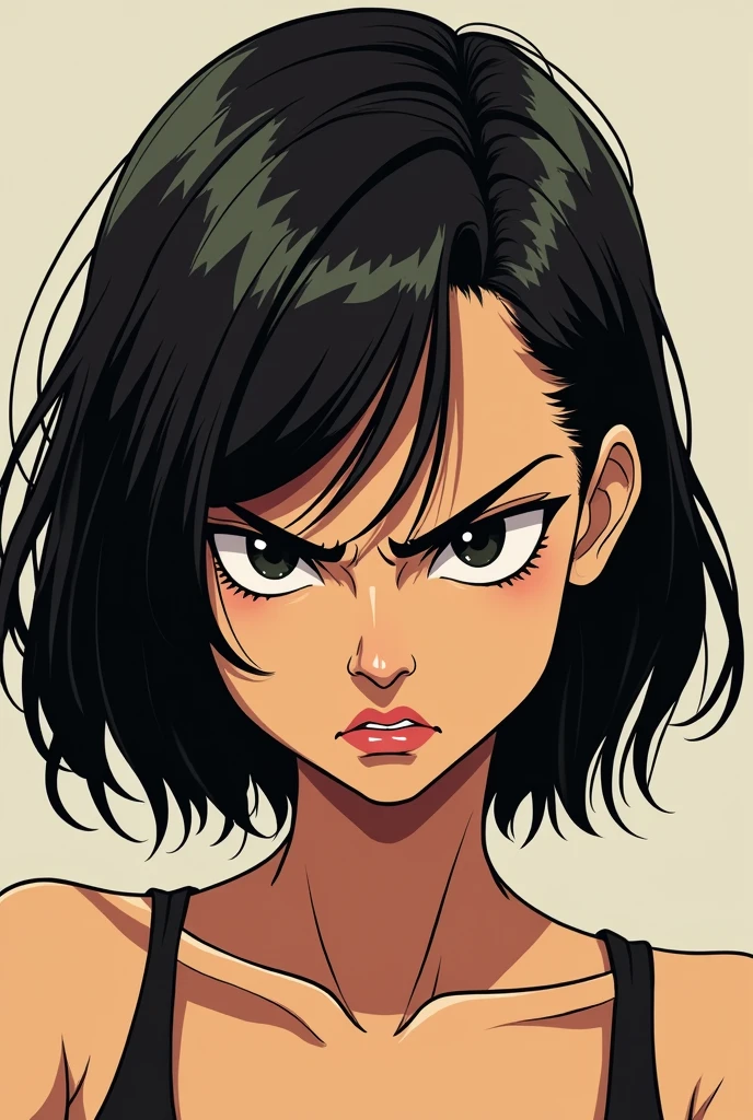 angry female chirp chirp with half-Indian fringe bob