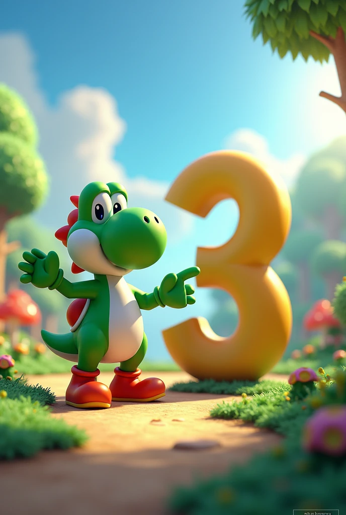 Character Yoshi pointing to a large number 8 in front of him, the scenario is the super mario game