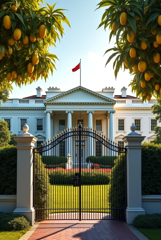 White house with black gate and two mango trees in front



