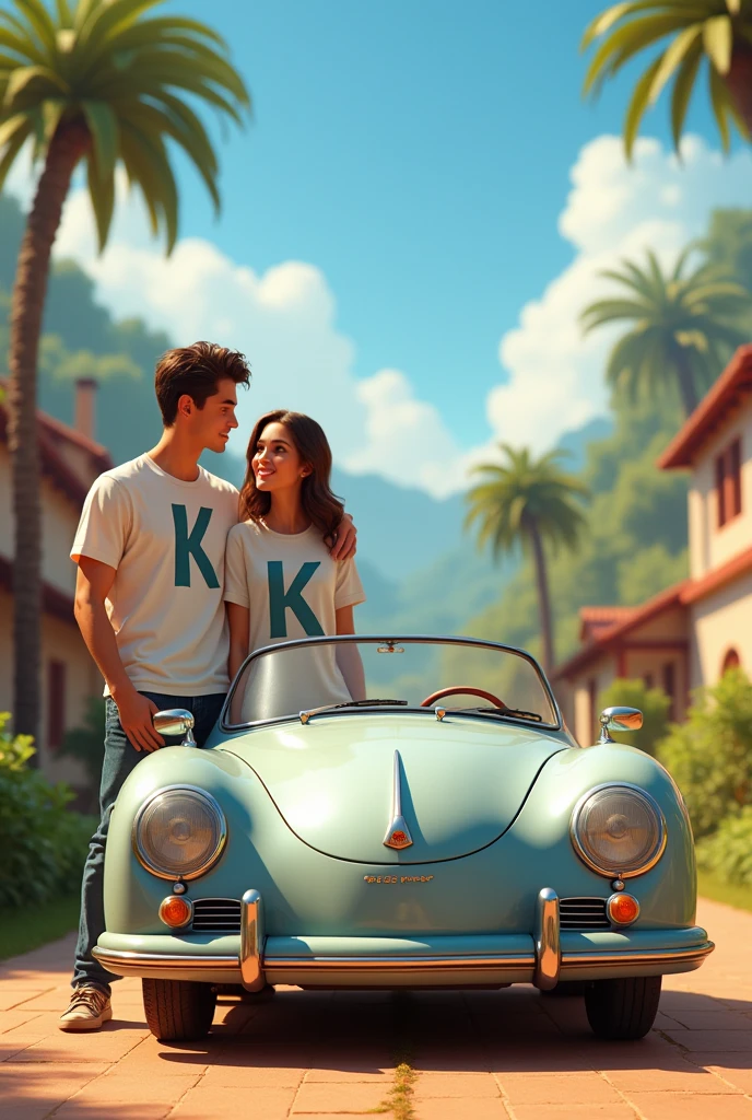 Create a man with initial k t-shirt , and a woman with an initial shirt outside a gray Disney-style car