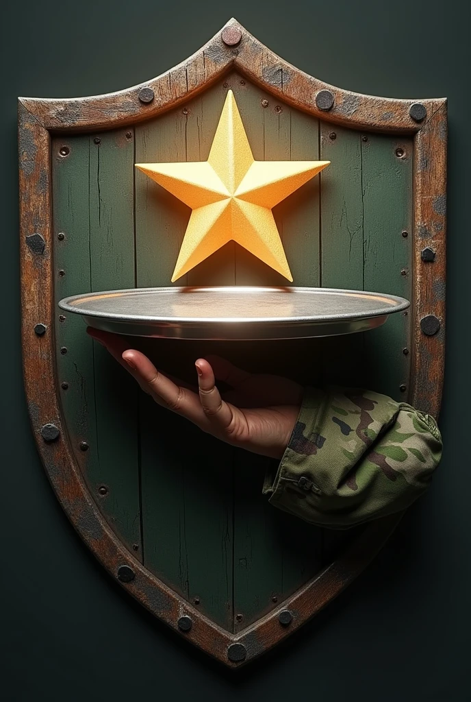 Shield with a hand in Brazilian army camouflage clothing holding an open waiter's tray with an army star floating on it. All elements inside the shield.