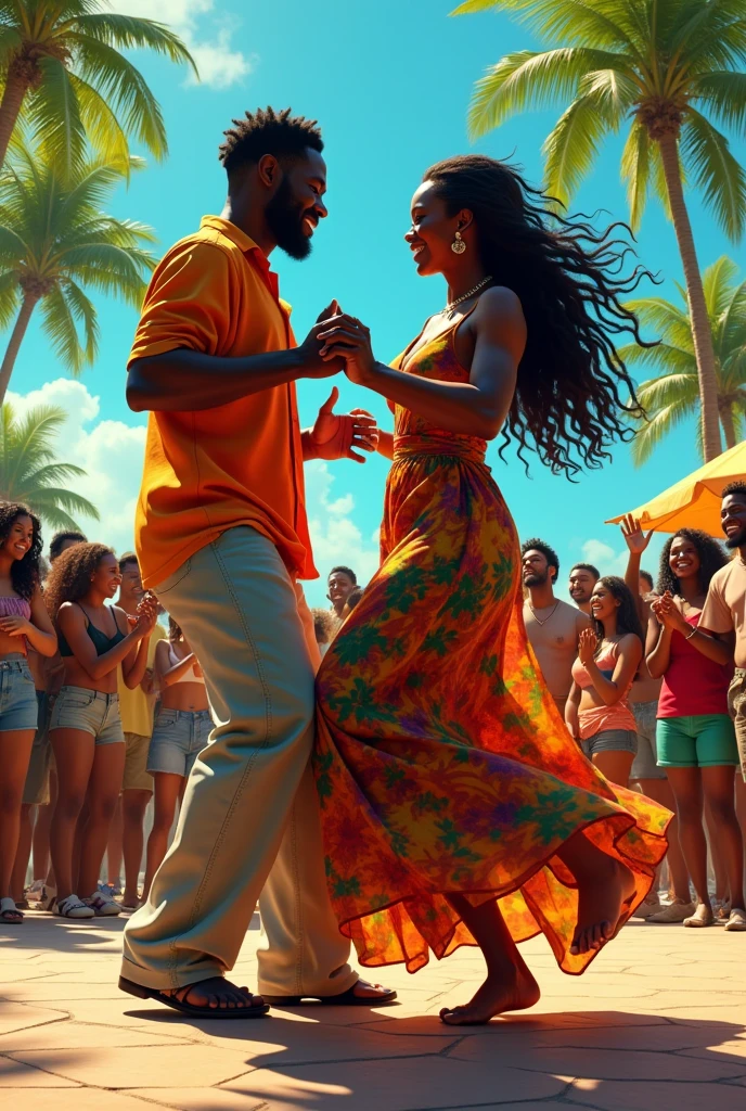 burst of colour and party festivities, cheery, warm, friendship, mid 30s caribbean woman dancing WITH man, , tropical attire, side, shades, Seductive, sassy, excited, background party, drinking, transparent party cup, fun Partying, day party, excitement, Friends, Background black