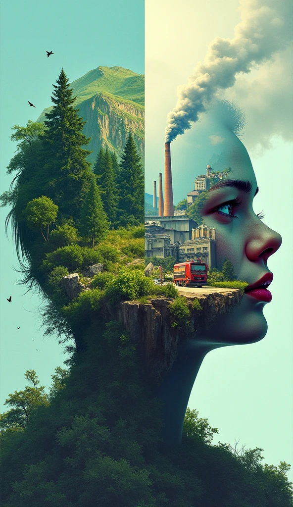 draw me a poster, (portrait) Left side of the face is a healthy environment with beutifull landscape and forest and mountains with beutifull scenery in the background. and the right side of the face is the opposite of it bad environment that has been developed by humans, manifacture(factories),Commercial buildings,trash, vehicles with smoke and waste. outside the face, is the same, left side has beutifull forest and mountains with animals, And the right side has factories, overpopulated areas, trash, vehicles ,buildings , and other polutions