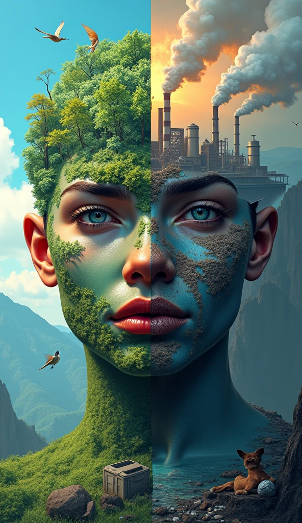 draw me a poster, (portrait) Left side of the face is a healthy environment with beutifull landscape and forest and mountains with beutifull scenery in the background. and the right side of the face is the opposite of it bad environment that has been developed by humans, manifacture(factories),Commercial buildings,trash, vehicles with smoke and waste. outside the face, is the same, left side has beutifull forest and mountains with animals, And the right side has factories, overpopulated areas, trash, vehicles ,buildings , and other polutions
