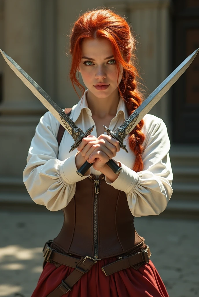 Create a beautiful redhead woman, that her hair is tied back in a single braid and that she is dressed in a white shirt, On top of that, put on a brown corset and some body pants., that he is holding two daggers in his two hands and forms a cross protecting himself