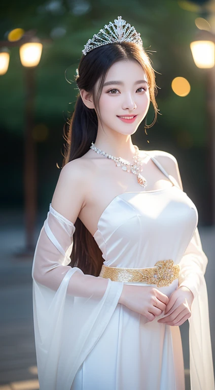 (one cute Chinese Princess, a majestic, wise & gorgeous future queen, super cute ponytail, (extravagant, sparkling, pretty princess costume:1.1), (luxurious giant tiara:1.1), (luxurious giant necklace:1.1), (white Princess costume:1.2), (beautiful silk chinese costume:1.1), (beautiful white gradation:1.1), the_cowboy_shot, camera focused on bosom, (best smile:1.2), huge breasts, beautiful detailed facial features, (high quality transparent sleeve with jewel embellishment:1.1), one smooth shoulder, shoulder straps, Natural pose, elegant & easy-going, kind dimpled smile, subtle snowflakes, spectacular cinema lighting, natural beauty, NO makeup, long eyelashes, beautiful eyes, (accurate anatomy:1.1), natural forehead, simple bokeh night background, low contrast, surrounded by soft light, hands on hips, SFW,)