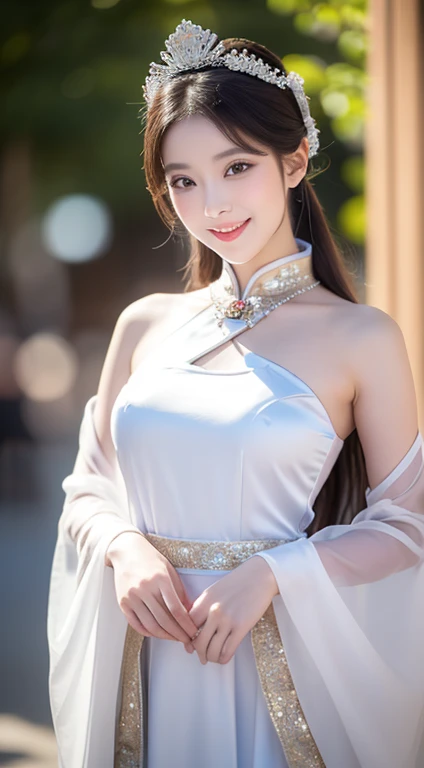 (one cute Chinese Princess, a majestic, wise & gorgeous future queen, super cute ponytail, (extravagant, sparkling, pretty princess costume:1.1), (luxurious giant tiara:1.1), (luxurious giant necklace:1.1), (white Princess costume:1.2), (beautiful silk chinese costume:1.1), (beautiful white gradation:1.1), the_cowboy_shot, camera focused on bosom, (best smile:1.2), huge breasts, beautiful detailed facial features, (high quality transparent sleeve with jewel embellishment:1.1), one smooth shoulder, shoulder straps, Natural pose, elegant & easy-going, kind dimpled smile, subtle snowflakes, spectacular cinema lighting, natural beauty, NO makeup, long eyelashes, beautiful eyes, (accurate anatomy:1.1), natural forehead, simple bokeh night background, low contrast, surrounded by soft light, hands on hips, SFW,)