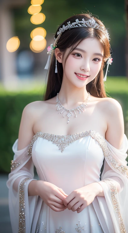 (one cute Chinese Princess, a majestic, wise & gorgeous future queen, super cute ponytail, (extravagant, sparkling, pretty princess costume:1.1), (luxurious giant tiara:1.1), (luxurious giant necklace:1.1), (white Princess costume:1.2), (beautiful silk chinese costume:1.1), (beautiful white gradation:1.1), the_cowboy_shot, camera focused on bosom, (best smile:1.2), huge breasts, beautiful detailed facial features, (high quality transparent sleeve with jewel embellishment:1.1), one smooth shoulder, shoulder straps, Natural pose, elegant & easy-going, kind dimpled smile, subtle snowflakes, spectacular cinema lighting, natural beauty, NO makeup, long eyelashes, beautiful eyes, (accurate anatomy:1.1), natural forehead, simple bokeh night background, low contrast, surrounded by soft light, hands on hips, SFW,)