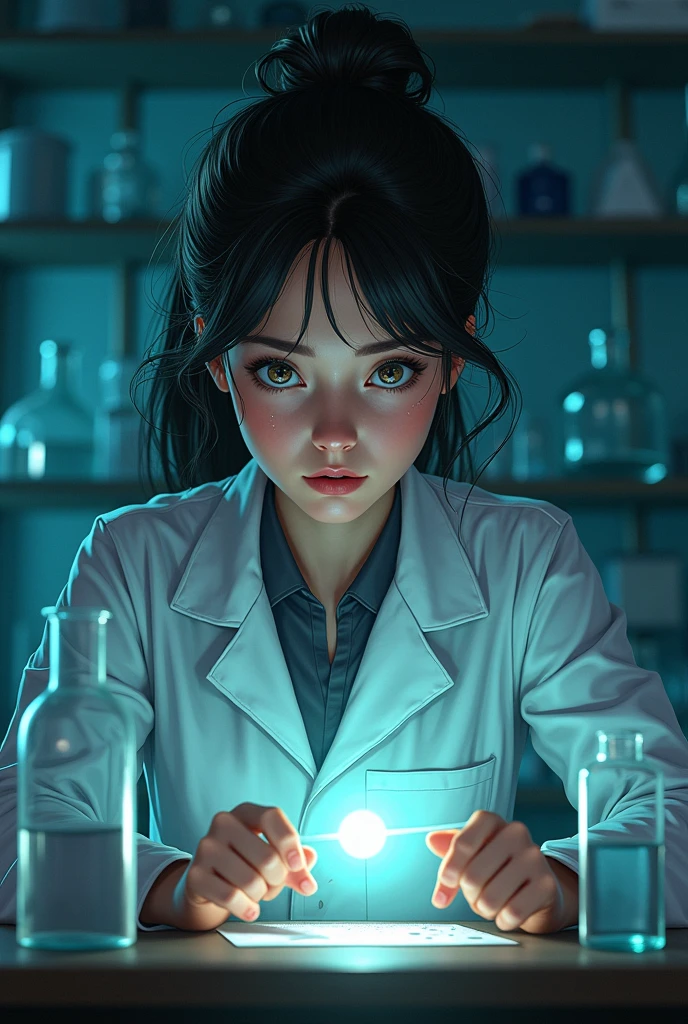 Create a scientist in a laboratory working on an experiment with a flask, Ultra-realistic images and high definition