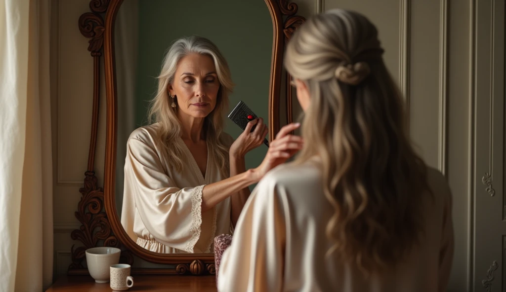 Mature woman combing her hair in a mirror
