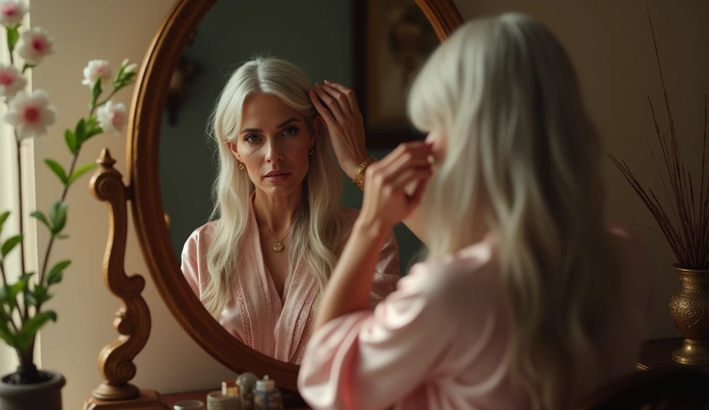 Mature woman combing her hair in a mirror