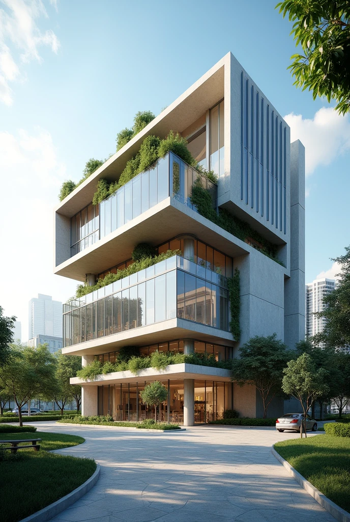 Exterior view of a building with a modern design. 