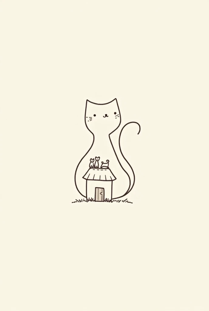 I would like a simple logo of a continuous line representing a cat and a cottage with 5 dogs sitting on the roof..