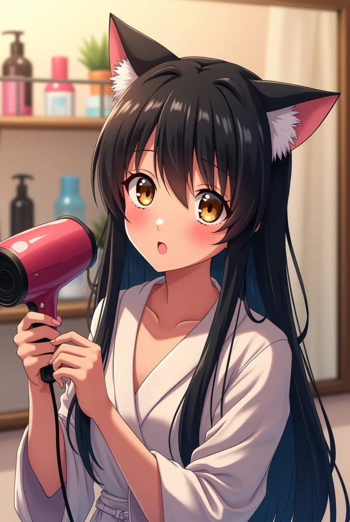 An anime girl who looks with cat ears, very long, straight black hair with bangs similar to Inuyasha's, and big golden eyes., Drying hair with a hairdryer in a casual robe, In the background her bathroom, we can see a large mirror and the girl's makeup on some shelves.