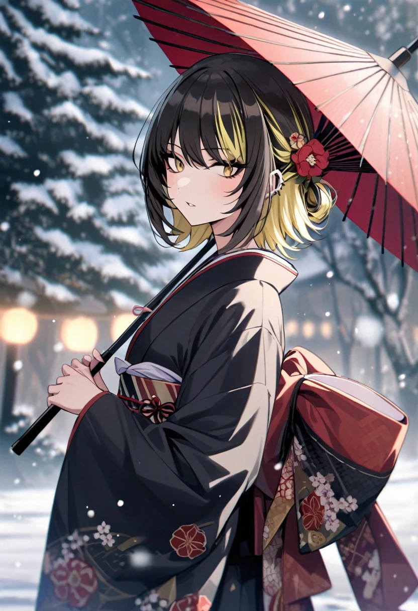 l_ikaruga, 1girl, solo, (short hair:1.1), twist updo, japanese clothes, kimono, black kimono, black hair, snowing, holding, hair ornament, oil-paper umbrella, multicolored hair, looking at viewer, sash, hair flower, snow, parted lips, piercing, ear piercing, yellow eyes, holding umbrella, flower, bangs, obi, outdoors, blonde hair, streaked hair, frills, long sleeves, sidelocks, wide sleeves, upper body, bow, hair between eyes, winter, tree, floral print, blurry, print kimono, back bow, blush, red flower, two-tone hair, blurry background depth of field, bokeh
masterpiece, best quality, very aesthetic, absurdres
