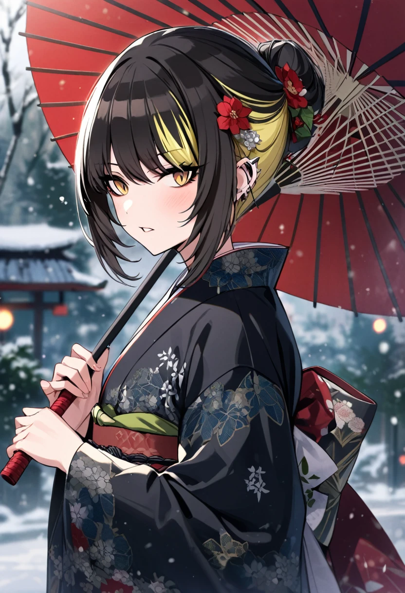 l_ikaruga, 1girl, solo, (short hair:1.1), twist updo, japanese clothes, kimono, black kimono, black hair, snowing, holding, hair ornament, oil-paper umbrella, multicolored hair, looking at viewer, sash, hair flower, snow, parted lips, piercing, ear piercing, yellow eyes, holding umbrella, flower, bangs, obi, outdoors, blonde hair, streaked hair, frills, long sleeves, sidelocks, wide sleeves, upper body, bow, hair between eyes, winter, tree, floral print, blurry, print kimono, back bow, blush, red flower, two-tone hair, blurry background depth of field, bokeh
masterpiece, best quality, very aesthetic, absurdres
