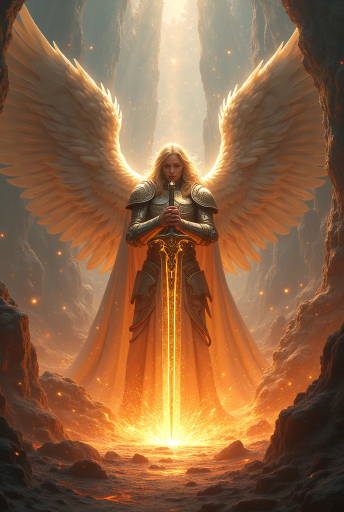 I want an epic image of the angel Michael's sword being forged in the flames of creation