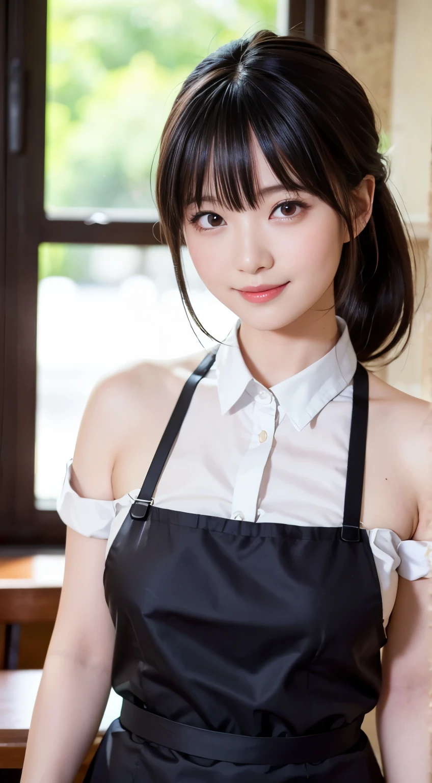 (Highest quality,masterpiece:1.3,Ultra-high resolution,),(Very detailedな,Caustics),(Photorealistic:1.4,RAW shooting,)Ultra-Realistic Capture,Very detailed,High resolution 16K human skin closeup。 Natural skin texture、,Pores、、、、It must be detailed enough to be easily identifiable。 Skin tone is even and healthy looking。 Use natural light and colour,restaurant,Waitress Uniform,1 girl,Japanese,1,cute,Black-haired,ponytail,Big Breasts,smile,Turn your body forward,(Front view:1.1),Looking at the camera,Cowboy Shot,