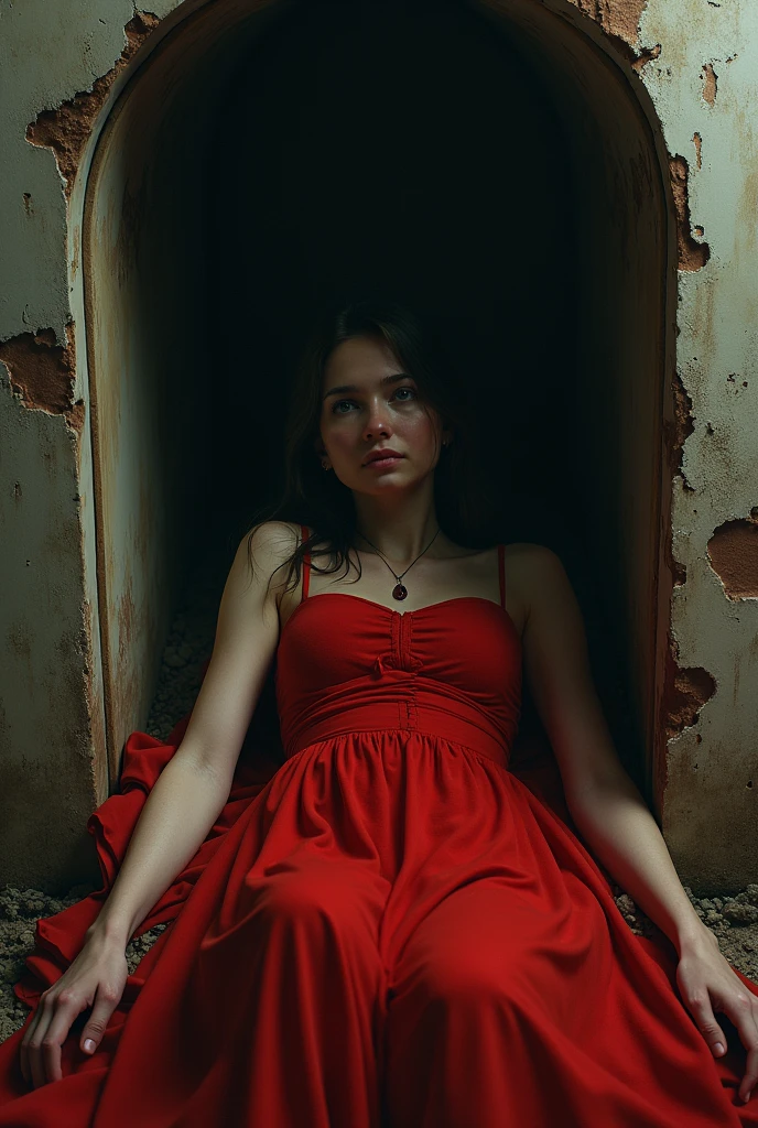 Girl in red dress is buried in a dirty room, ugly and dark.