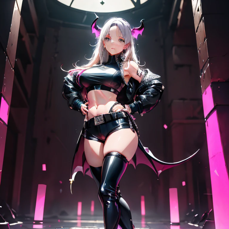 Anime Waifu beautiful detailed eyes, beautiful detailed lips, extremely detailed eyes and face, longeyelashes, 1girl, sensual, young woman, medium breasts, beautiful feminine face, nice thighs, slim, sexy, erotic, beautiful clothes, perfect body, cinematic lighting and framing, (best quality,4k,8k,highres,masterpiece:1.2),ultra-detailed,digital painting,portrait,glamorous,highly detailed,soft lighting,warm color tones aachizuru, long hair,((Highest quality,,T-And Star Piece:1.3)),Sharp focus:1.2,Pretty woman with perfect figure:1.4,,(Incredibly huge breasts:1.4),(Huge hips),smile,Thin abdominal muscles:1.2,((Beige Hair,.4)),,Highly detailed face and skin texture,Fine grain,double eyelid、(Black Theme:1.3), (Gothic Punk:1.3), (studded leather jacket:1.1), (Latex leotard, Leotard Fusion Gothic Skirt, Frills, race:1.2), race-up boots, gloves, chain neckrace, choker, Chain Accessories, zettai ryouiki
、【prompt】
break (black and shocking pink theme:1.4), (Sexy succubus cosplay costume with genital tattoos:1.2), (sleeveless black latex high neck crop top with Heart-shaped cut keyhole:1.4), ((Bare shoulders, Bare arms, Bare thighs):1.3), (Black latex low rise micro shorts:1.3), (shocking pink grommet belt:1.3), (Tight latex black long sleeves:1.3), ((A combination of black high platform shoes and thigh-high boots) with heels:1.2), (shocking pink devil horns has bioluminescence glow LED-light on temporal region:1.3), (Large bat wings for cosplay:1.4), (Black wings:1), (shocking pink (Heart-shaped, Heart symbol) Bioluminescent LED light on belly:1.4), (Black prisoner's bracelet:1.2),