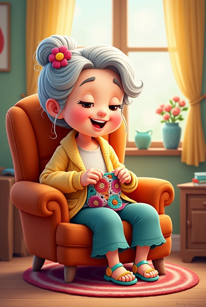 Grandma in cartoon form sitting in the armchair doing crochet and crochet lines on her leg and with a flower in her hair