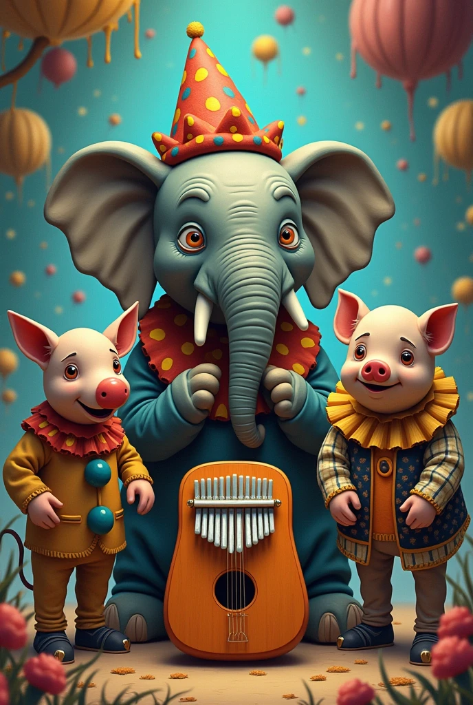 An elephant,A clown,a dog,a pig and kalimba